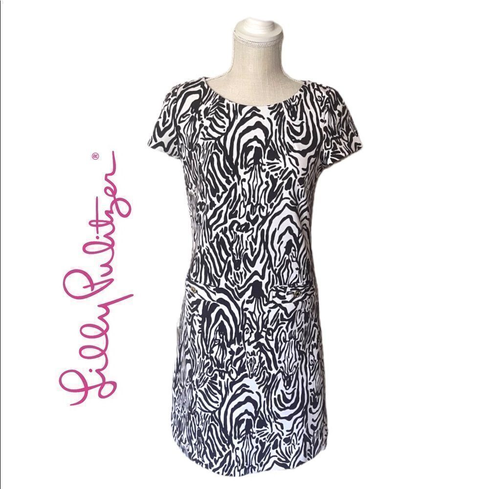 Lilly Pulitzer Black & White Zebra Print Short Sleeve Shift Dress